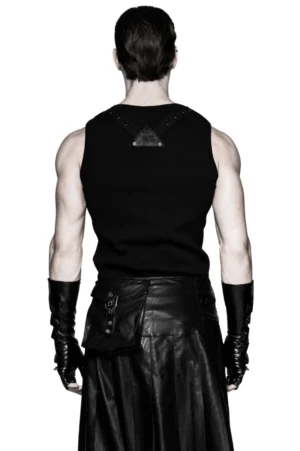 Back view of black gothic gauntlet gloves and leather skirt ensemble on male model