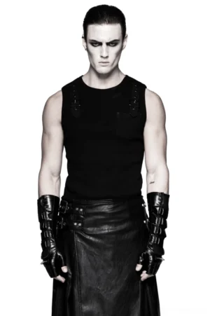 Black spiked gauntlet gloves front view on male model wearing gothic outfit with tank top and leather skirt