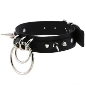 Black spiked PU leather gothic choker with dual O-rings and adjustable metal spike studs