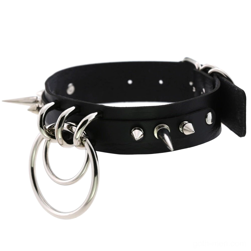 Black spiked PU leather gothic choker with dual O-rings and adjustable metal spike studs