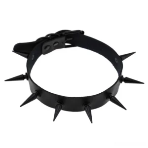 Black leather spiked gothic choker collar with matte black metal spikes, front top-down view
