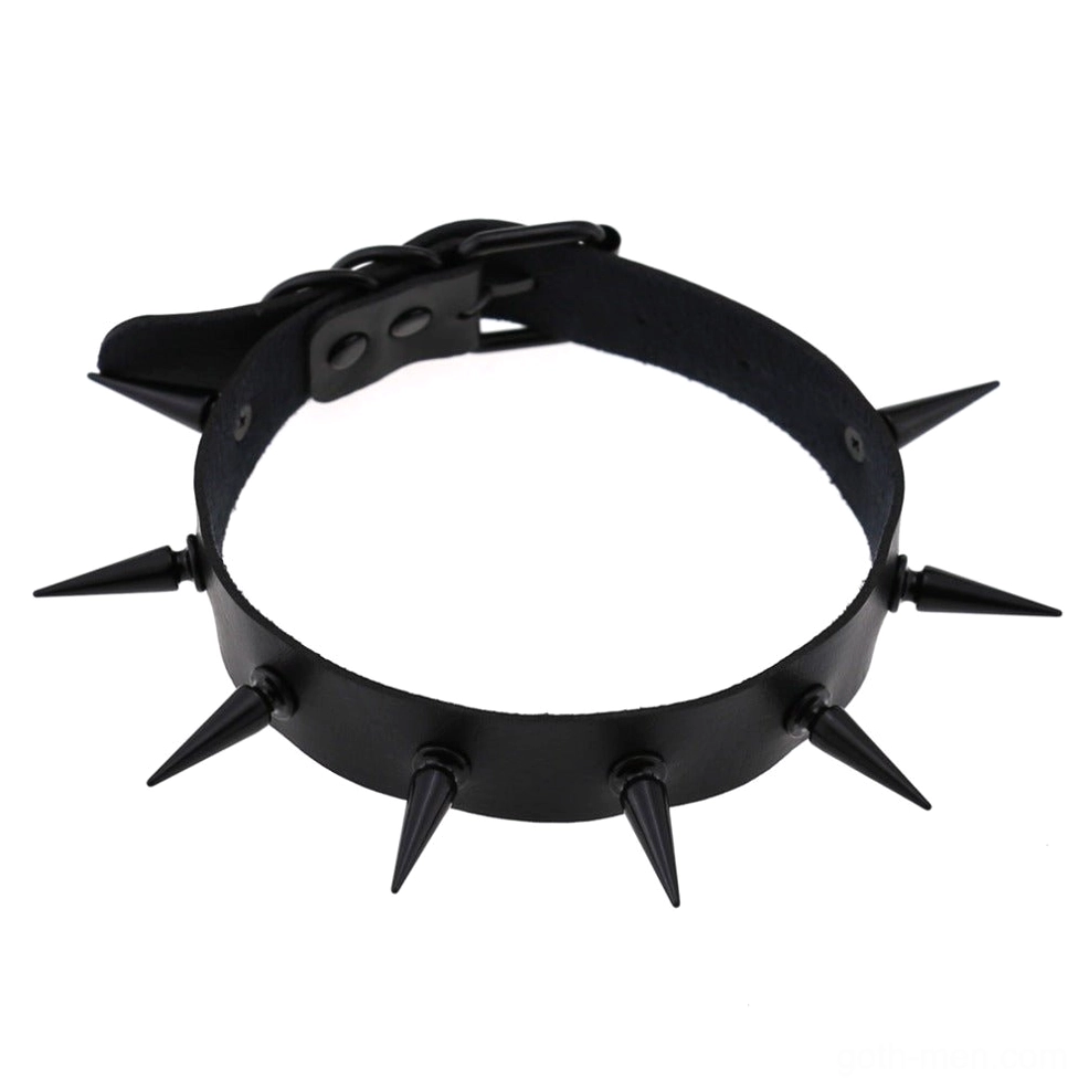 Black leather spiked gothic choker collar with matte black metal spikes, front top-down view