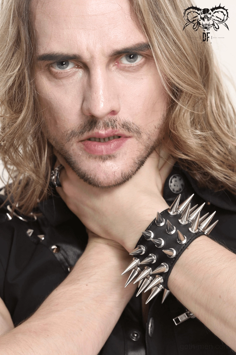 Black leather spiked bracelet alternative rock fashion accessory premium synthetic leather showcase