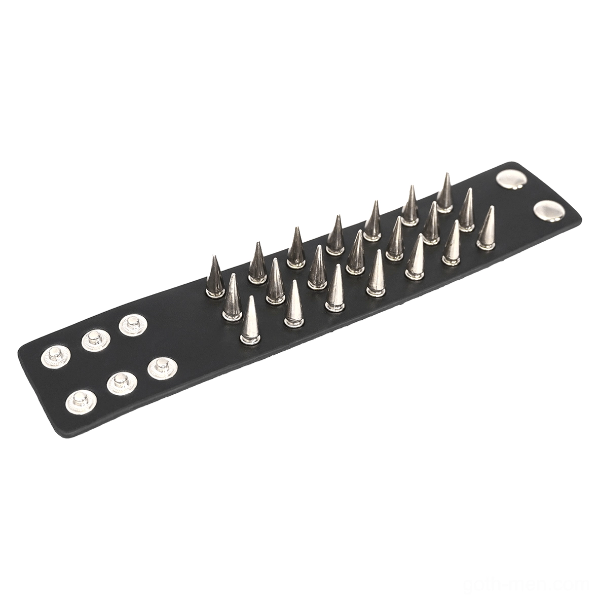 Unassembled black leather spiked bracelet strap showing snap fasteners and silver spike details flat lay