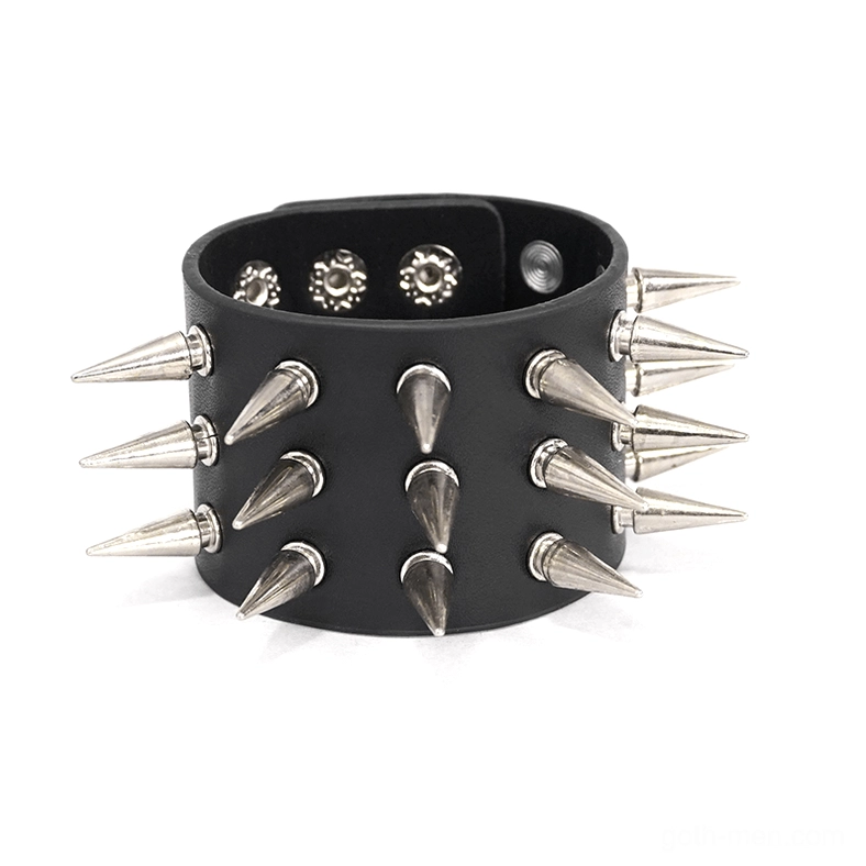 Black leather spiked bracelet front and side view showing silver cone spike pattern on white background
