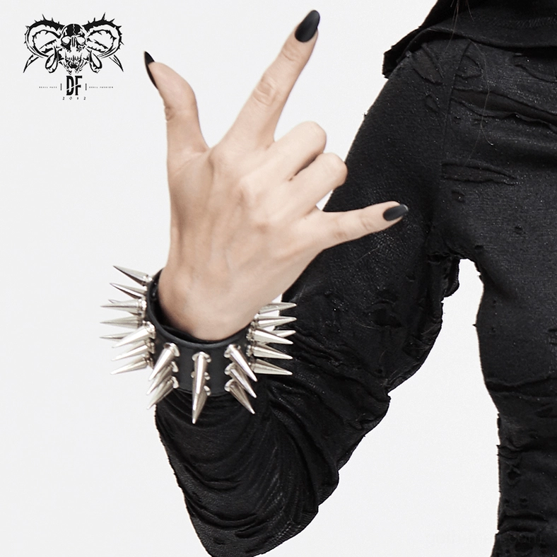 Black spiked leather bracelet gothic punk accessory detailed product view on neutral background
