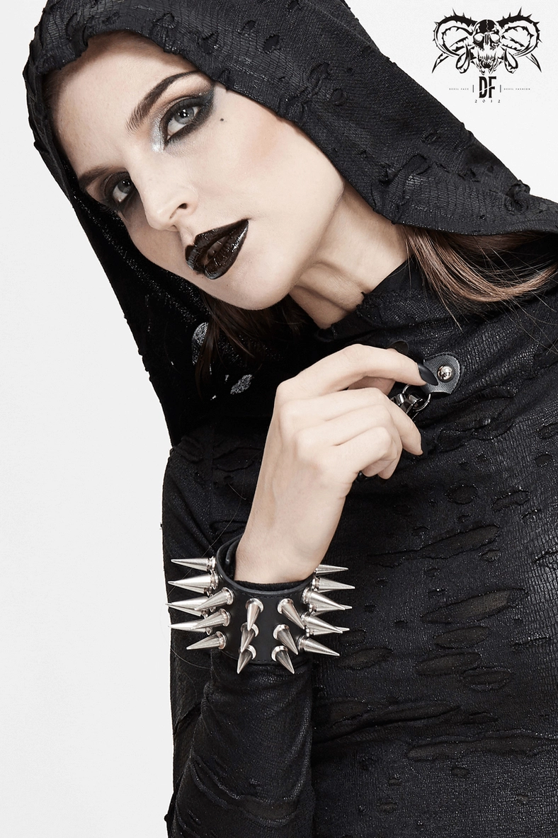 Black spiked leather bracelet close-up highlighting silver metal cone spike quality and craftsmanship