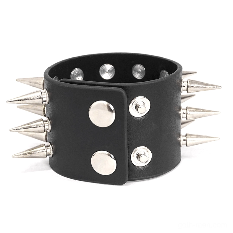 Wide black leather spiked bracelet with dual spike rows and metal snap buttons frontal view