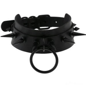 Black studded leather choker necklace with matte spike studs and central O-ring - top view
