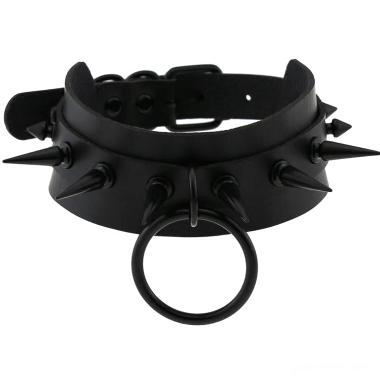 Black studded leather choker necklace with matte spike studs and central O-ring - top view