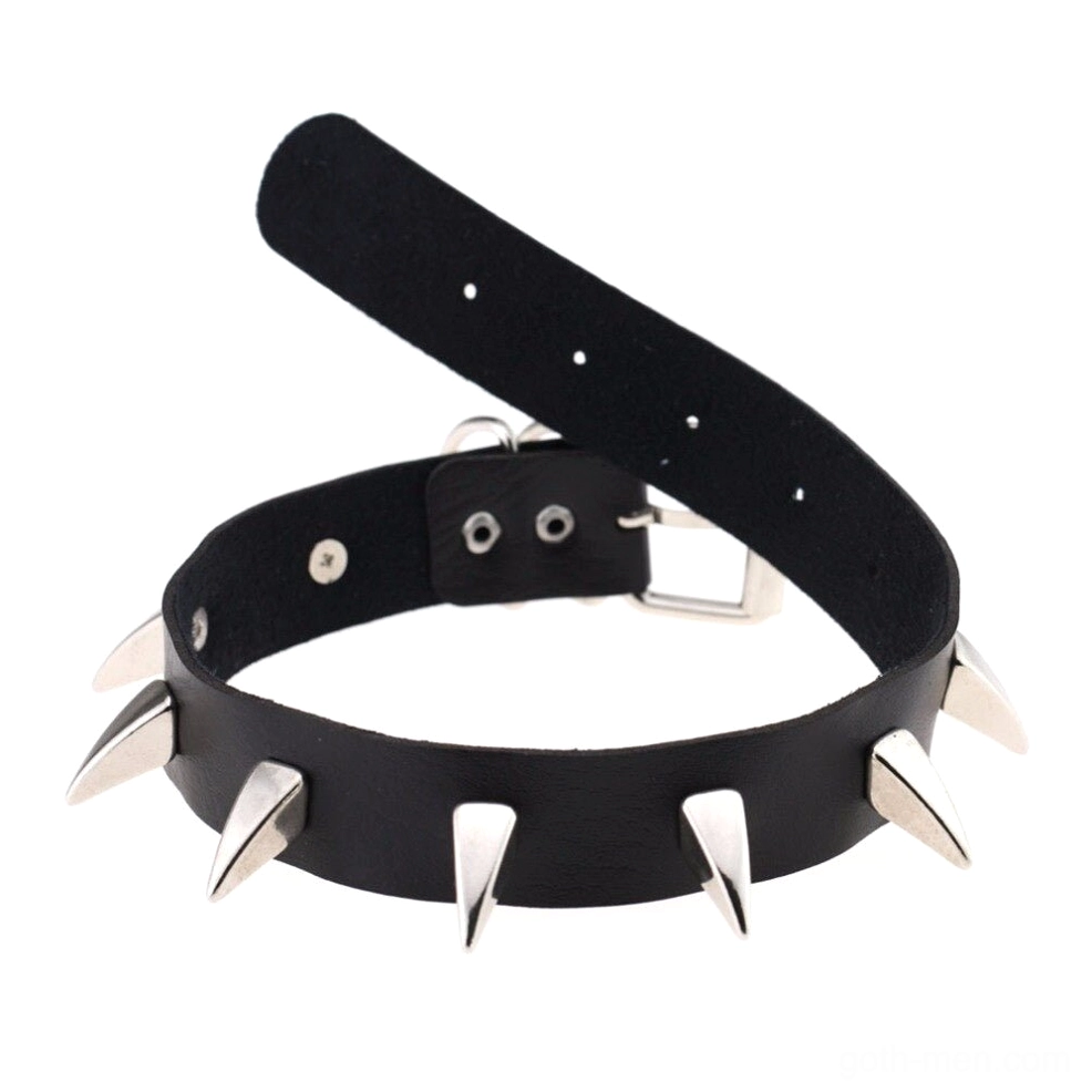 Single black spiked leather choker unfolded with silver cone spikes adjustable strap
