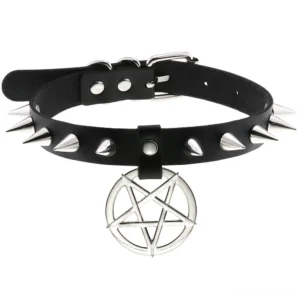 Black spiked leather pentagram choker with silver metal studs, front angled view on white background