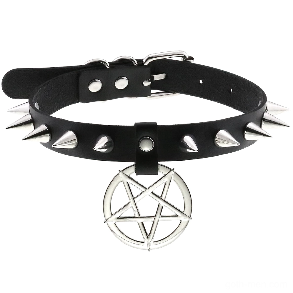 Black spiked leather pentagram choker with silver metal studs, front angled view on white background
