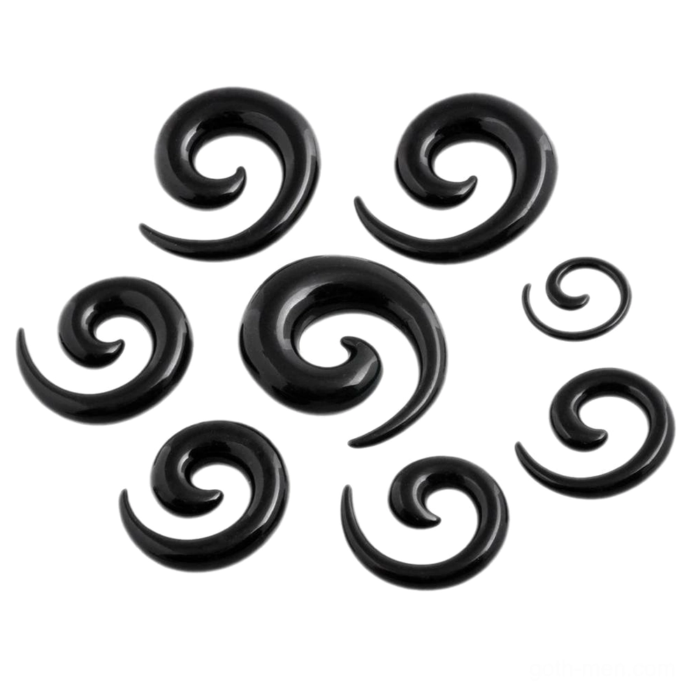 Black spiral acrylic ear stretchers and gauges collection, multiple sizes arranged in flat lay, glossy finish gothic jewelry