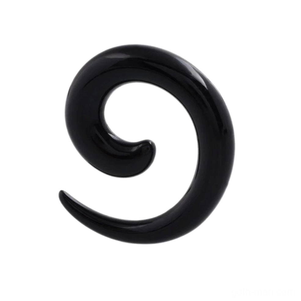 Black spiral ear flesh tunnel with smooth acrylic taper, detailed side profile gothic body jewelry