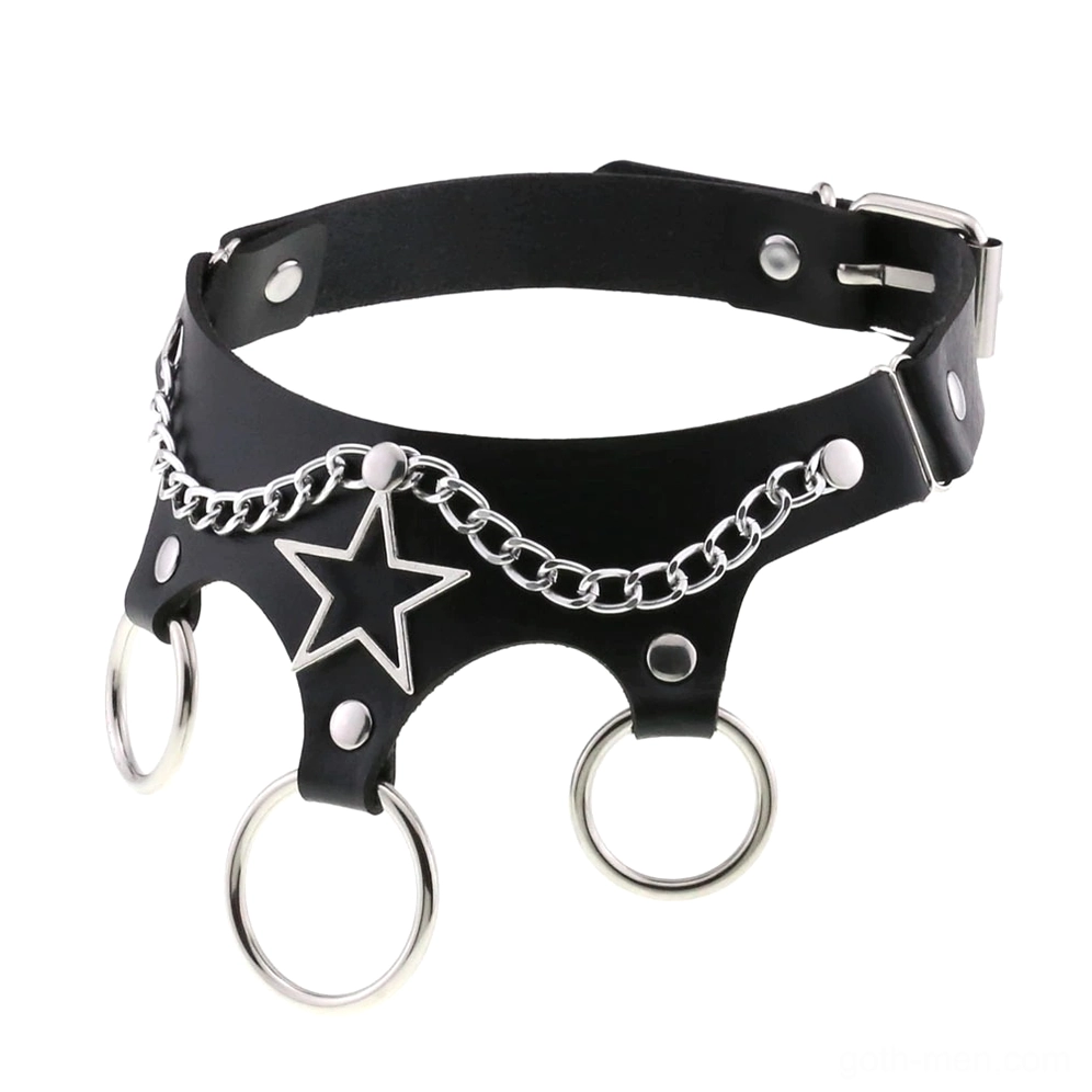 Black leather star choker with decorative chain detail oblique angle
