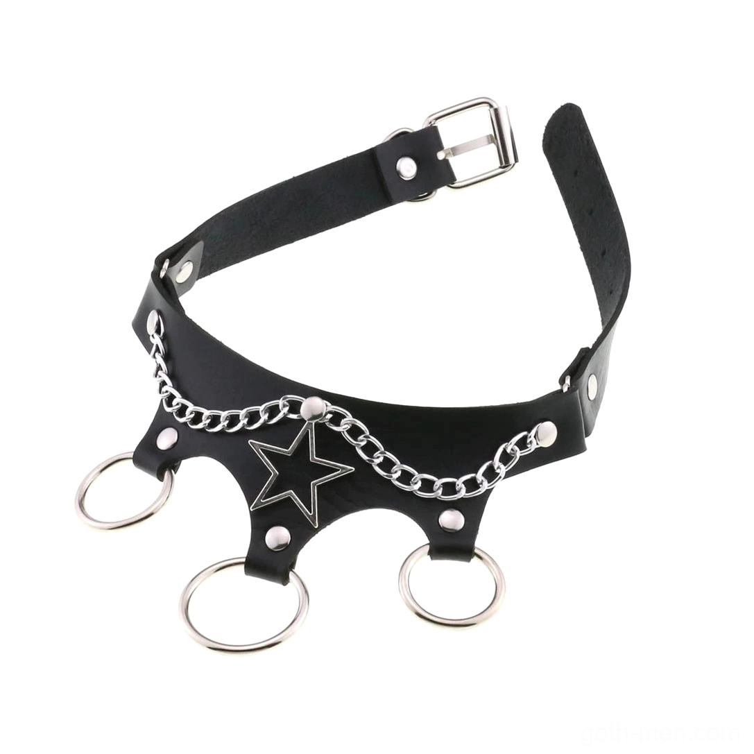 Black leather star choker close-up detail of metal star and chain