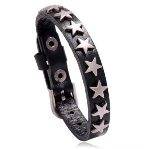 Black matte PU leather gothic bracelet with silver star studs and adjustable snap fastener clasp