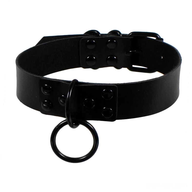 Black thick PU leather gothic choker with double metal studs row and central O-ring pendant
