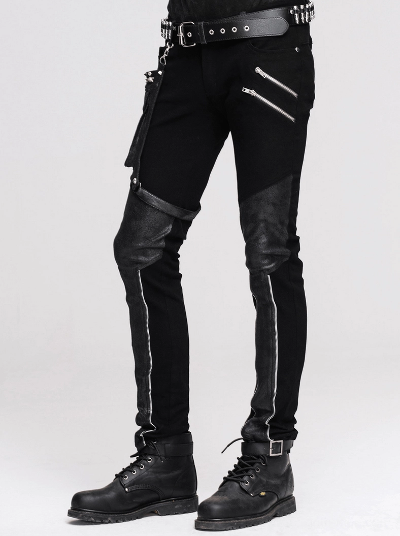 Male model wearing black steampunk gothic jeans with detachable pocket and combat boots, full 3/4 side profile view