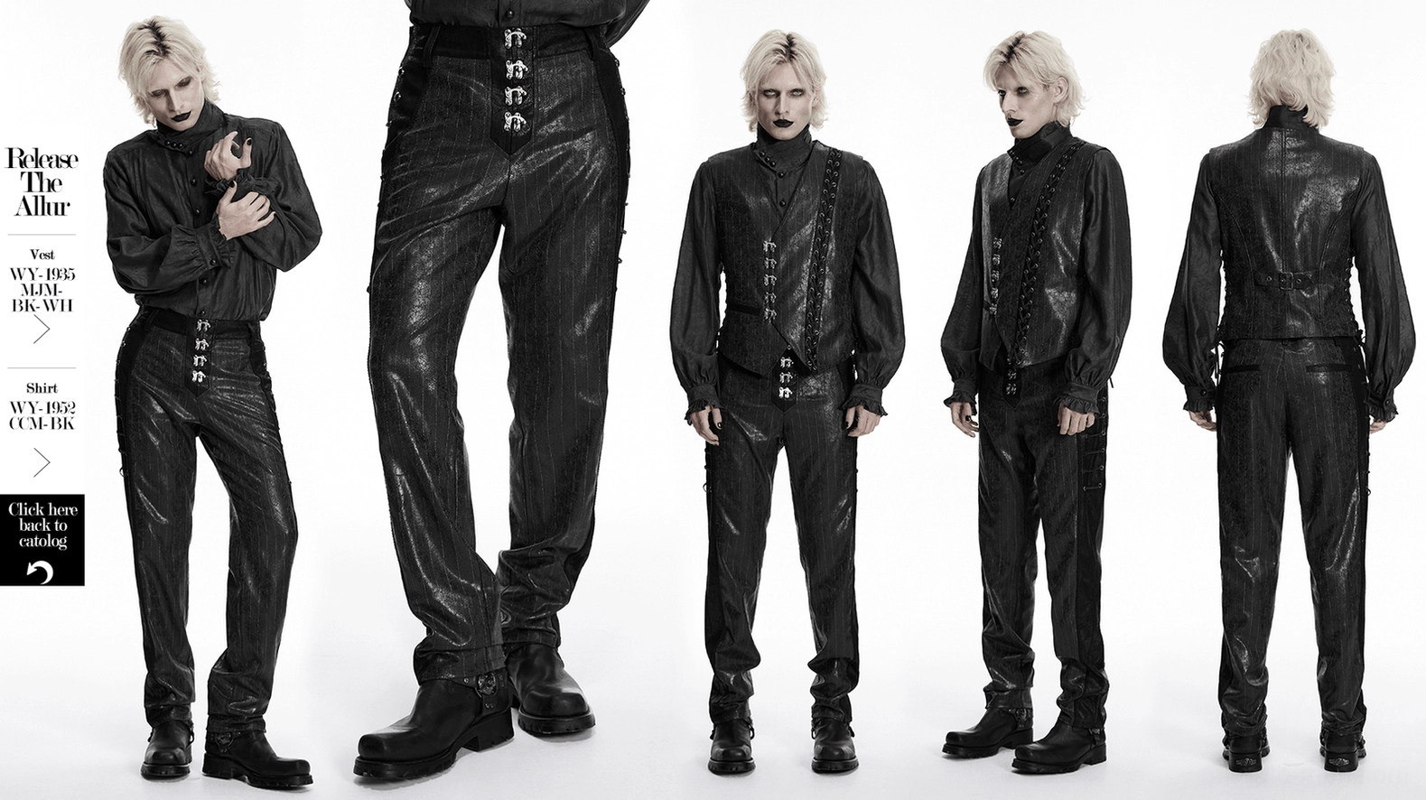 Black cracked faux leather steampunk gothic pants detail view highlighting Victorian precision and industrial styling