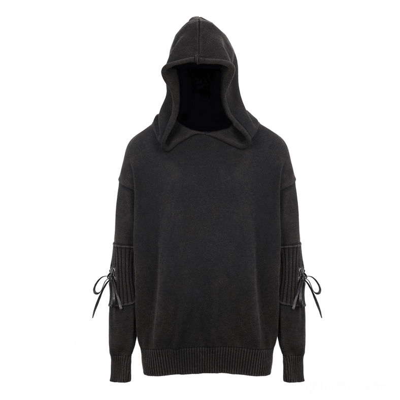 Front flat lay of black gothic hooded sweater showing side lace-up sleeve decorations and washed knit fabric texture