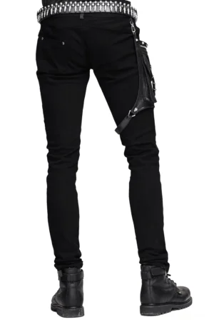 Black steampunk gothic jeans back view showcasing waist pockets, studded leather belt, and full side pocket hardware detail