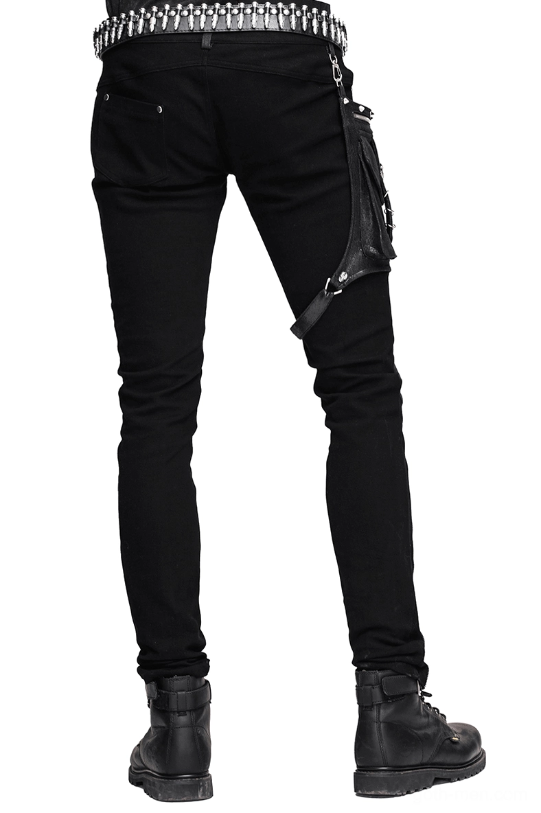 Black steampunk gothic jeans back view showcasing waist pockets, studded leather belt, and full side pocket hardware detail