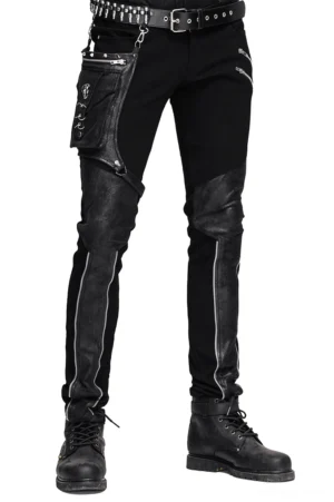 Black steampunk gothic jeans with detachable leather side pocket, silver leg zippers, and studded belt worn on male model in full front view