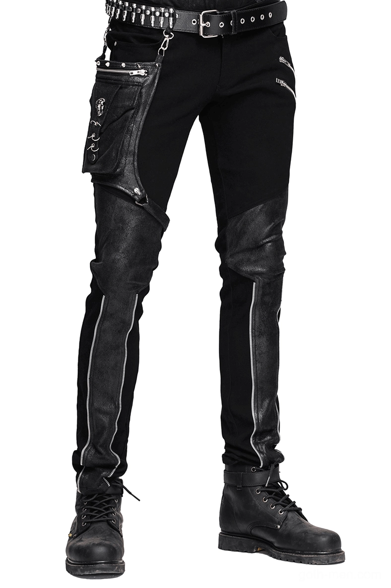 Black steampunk gothic jeans with detachable leather side pocket, silver leg zippers, and studded belt worn on male model in full front view