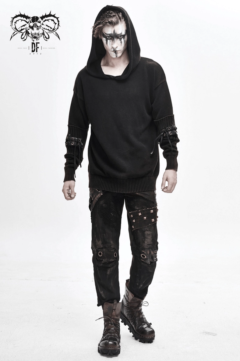 Full body front view of black steampunk hooded sweater with lace-up sleeve accents and gothic fashion styling