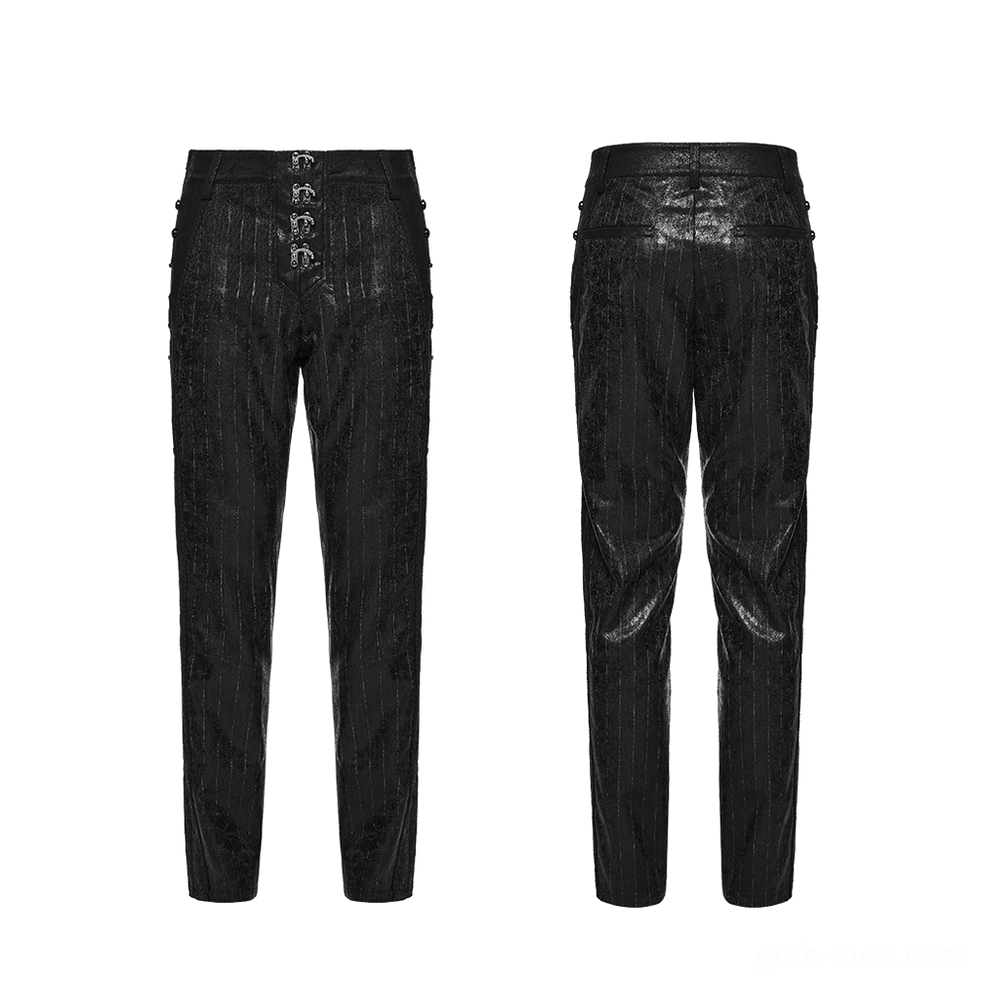 Black steampunk pants front and rear flat lay displaying metal clasp closure and side lace-up construction