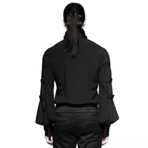 Black steampunk formal shirt back view showcasing high stand collar, fitted waist, structured sleeve straps, and tailored silhouette