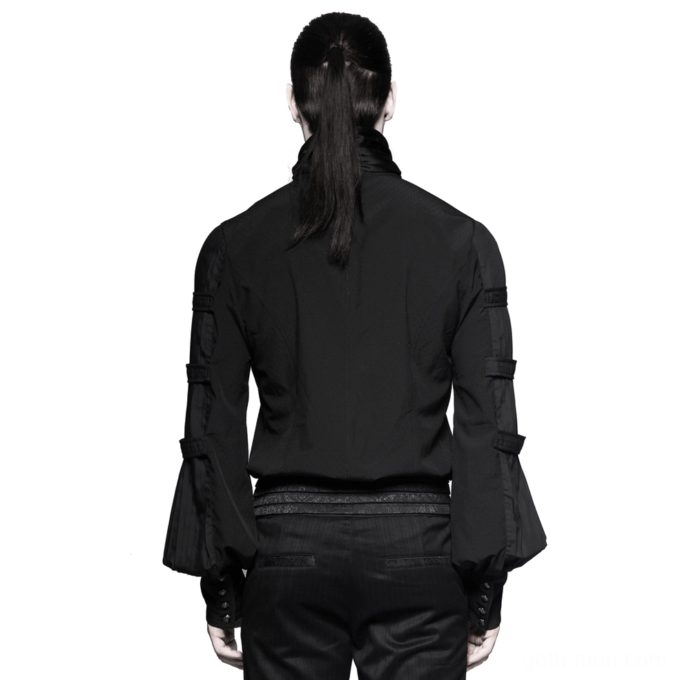Black steampunk formal shirt back view showcasing high stand collar, fitted waist, structured sleeve straps, and tailored silhouette
