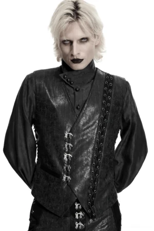Black asymmetrical buckle steampunk waistcoat front view on male model, featuring V-neck design and cracked leather texture