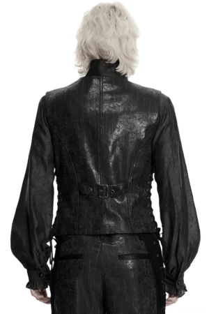 Black steampunk waistcoat back view showing pinstripe pattern, adjustable belt system, and side lace-up details