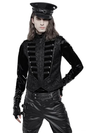 Black steampunk velvet waistcoat with stand collar front three-quarter view model wearing military cap