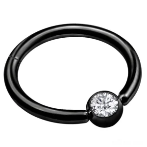 Black plated double-layer hinged segment nose clicker ring with crystal accent - front view
