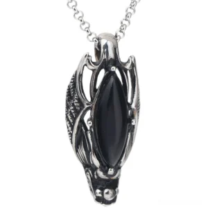 Black stone dragon head pendant necklace with vintage silver stainless steel hollow frame and marquise black onyx inlay, front view