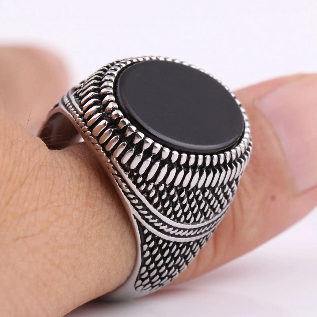 Black stone gothic signet ring for men 316L stainless steel vintage silver plated jewelry