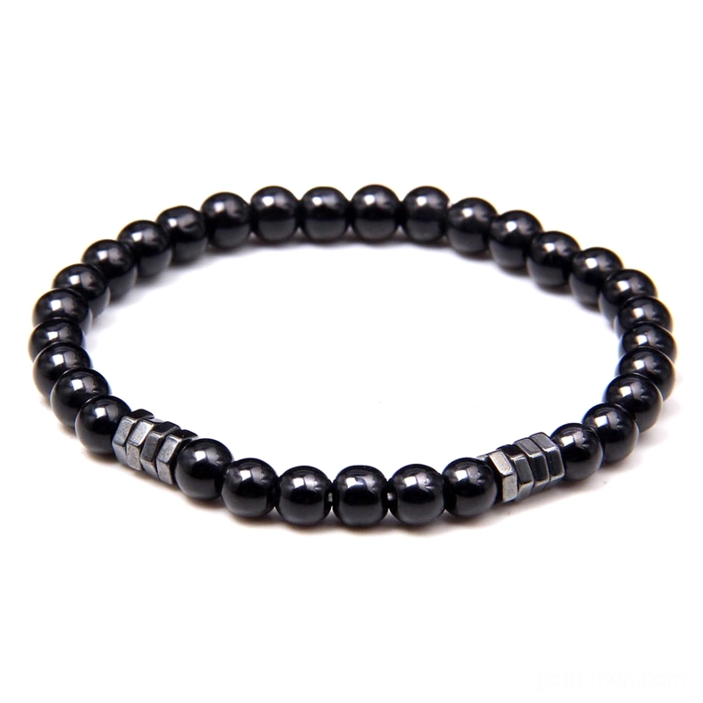 Black stone bead bracelet with silver metal spacers - refined gothic minimalist bracelet design