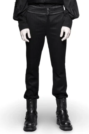 Men's black pinstripe gothic dress pants with layered waistband, front view on model, Victorian striped pattern