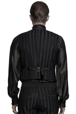 Black striped gothic waistcoat rear view showing back waist adjustment buckle and paired striped trousers