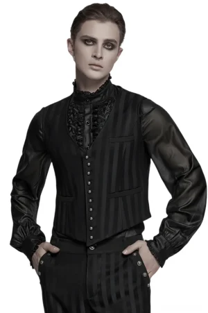 Gothic black striped waistcoat front three-quarter view with vintage metal buttons and vertical stripe pattern