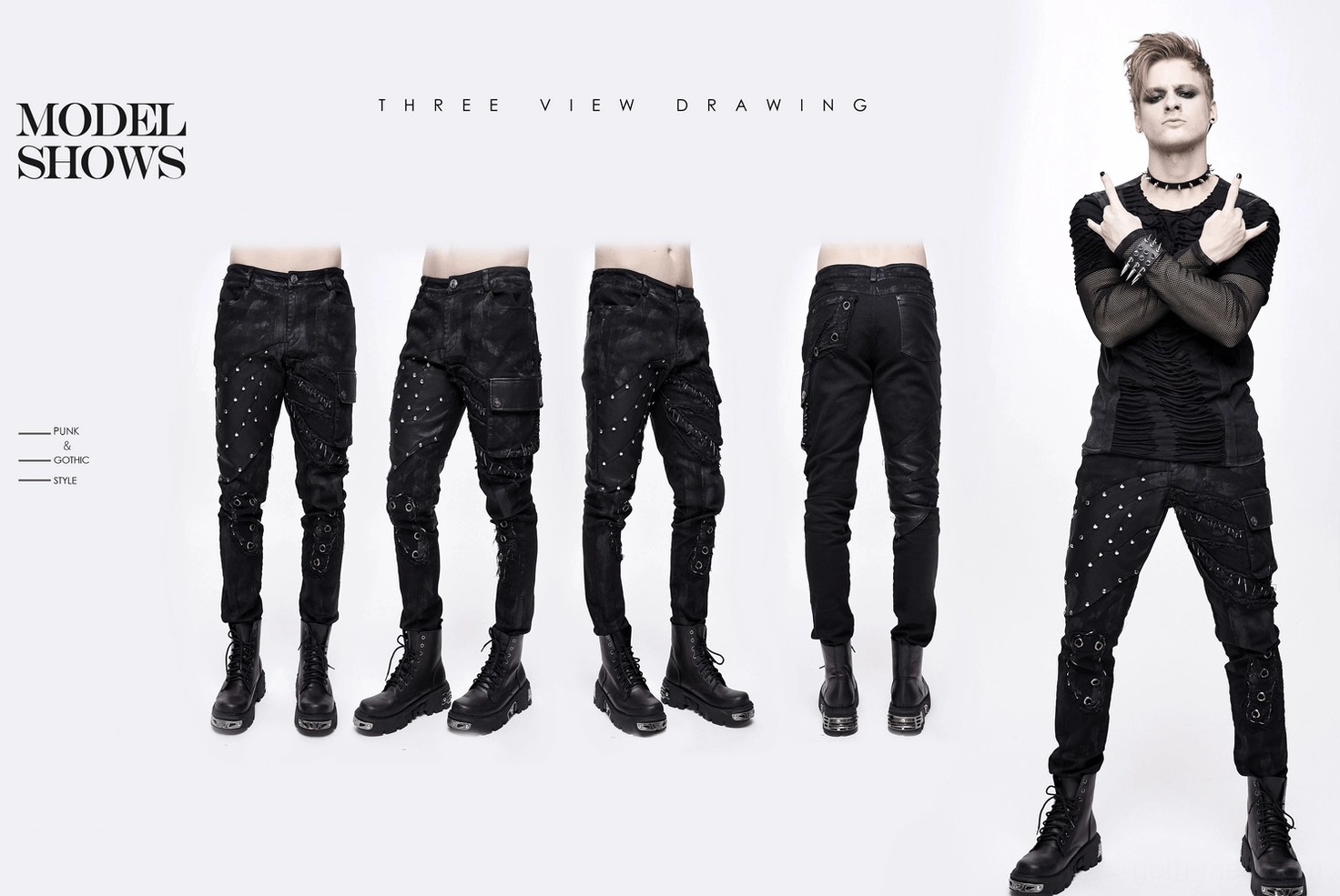 Complete view of black punk biker trousers displaying all design elements and stud placement