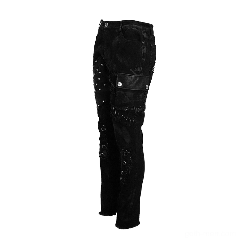 Black biker pants rear side view displaying rivet-fixed cargo pocket and leather panel accents