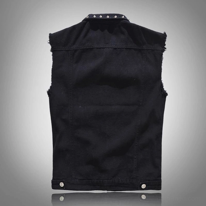 Black studded denim gothic vest alternative clothing sleeveless waistcoat styling view