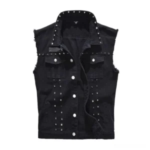 Black studded denim gothic vest for men front view with spike studs on collar and placket