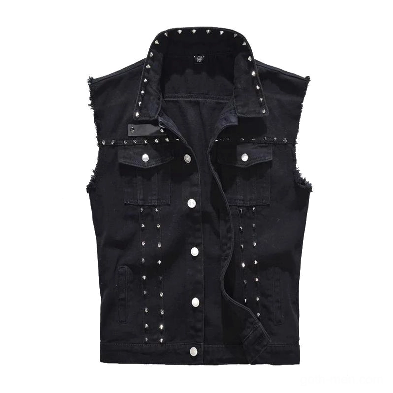 Black studded denim gothic vest for men front view with spike studs on collar and placket