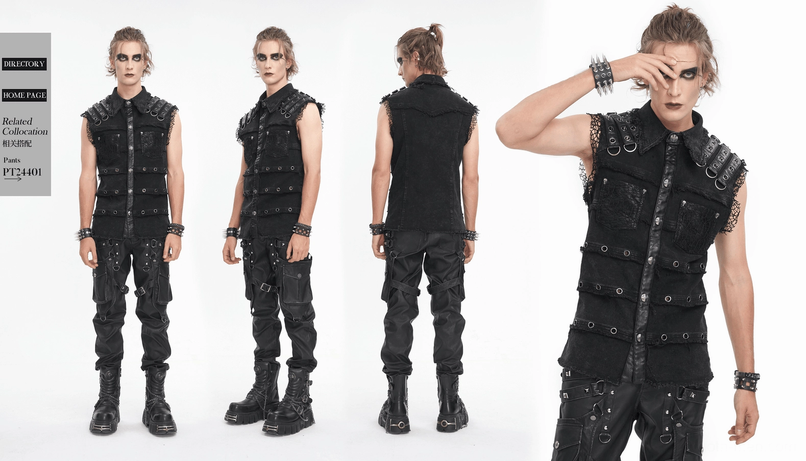 Sleeveless black studded denim punk gothic vest - flat lay product photography